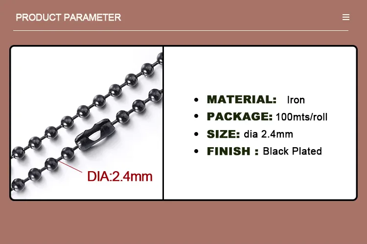 Chaîne à rouleaux en acier inoxydable pré-coupée de 2,4 mm Chaîne à billes pour dogtag Taille personnalisée 0