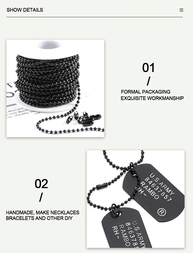 Chaîne à rouleaux en acier inoxydable pré-coupée de 2,4 mm Chaîne à billes pour dogtag Taille personnalisée 1